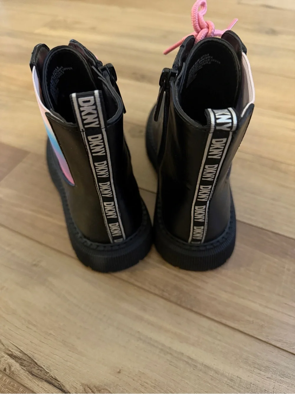 DKNY Girls Black Combat Boots with Pink Laces and Ombre Panel